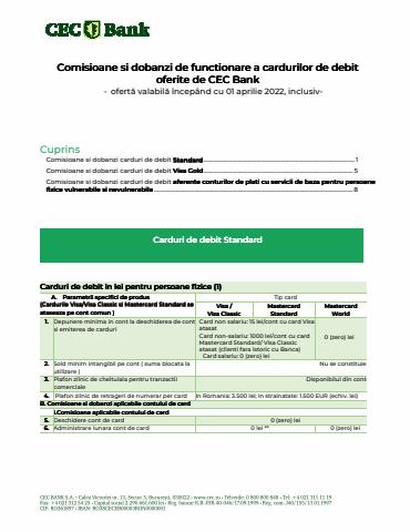Catalog CEC Bank Băilești | Tarife carduri de debit | 02.04.2022 - 31.05.2022